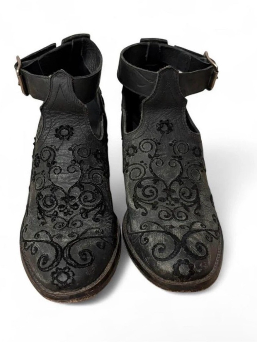 Free People x Farylrobin Lina Ankle Leather Booties Embroidered Black Sz 7 - Picture 3 of 8